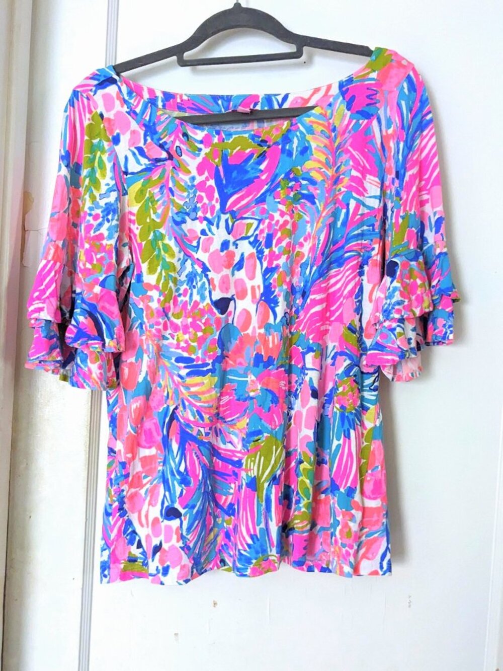 Lilly Pulitzer Lula Top Ruffle Sleeves Multi Gumbo Limbo Size L